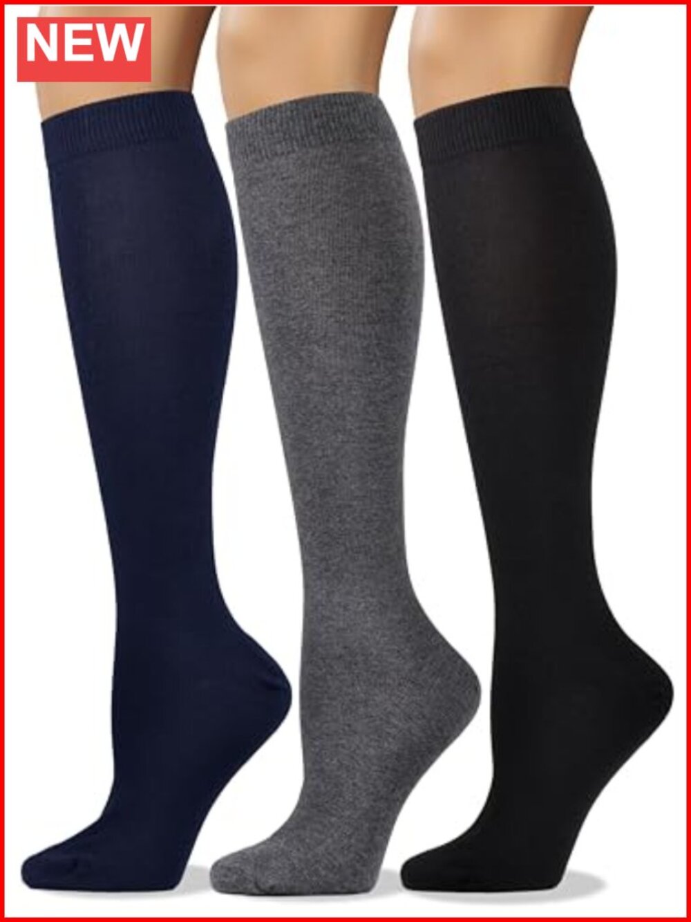 Combed Cotton Knee High Seamless Toe Calf Socks 3 Pack